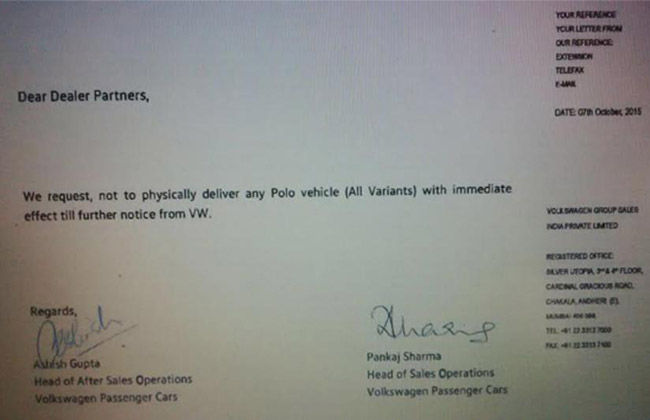 Volkswagen Company Letter